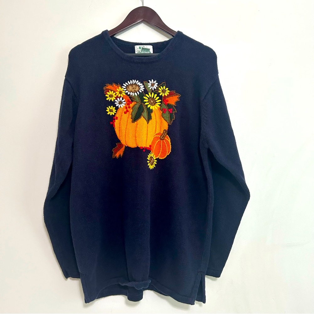 The Quackery Factory Woman’s Blue Fall Pumpkin Harvest Embroidered Sweater XL